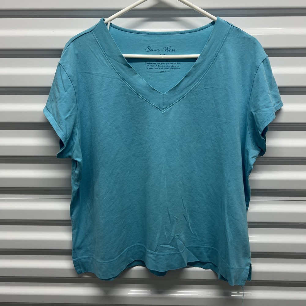 Soma Lotus Top Womens Blue V-Neck Short Sleeve Cotton Blend‎ Loungewear Shirt